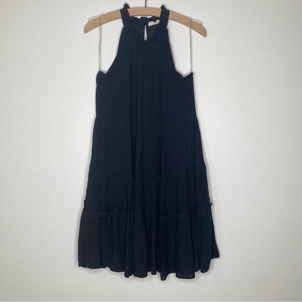 Altar'd State Small Tiered Sleeveless High Neck Black Dress With Pockets
